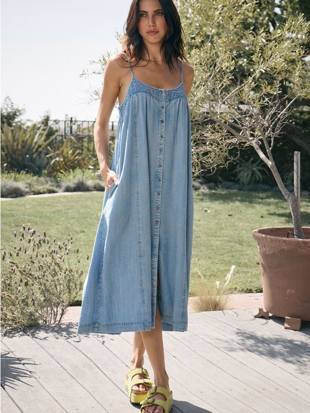 saltwater LUXE Light Blue Denim Button-Front Maxi Dress with Spaghetti Straps